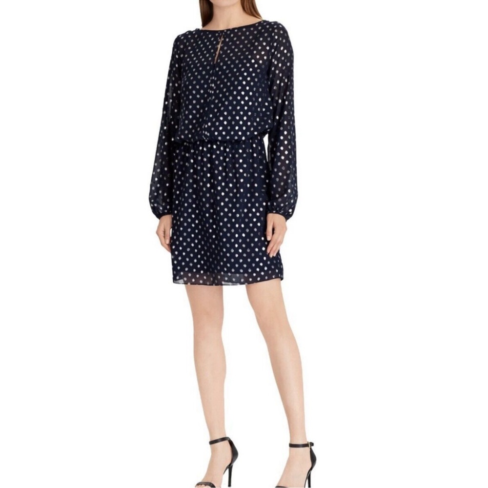 American Living Long Sleeve Dress Navy Blue with Metallic Grey Polka Dots Size 8